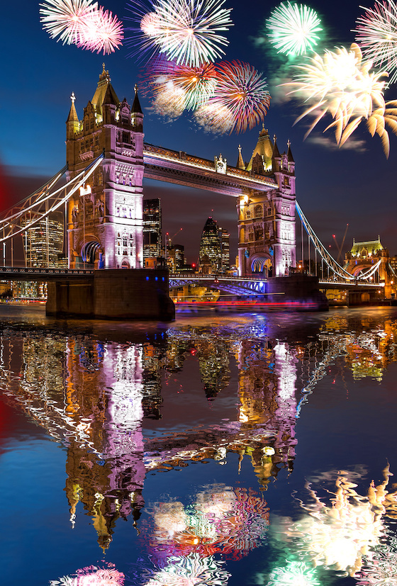 Tower Bridge with firework in London, England (celebration of the New Year)
